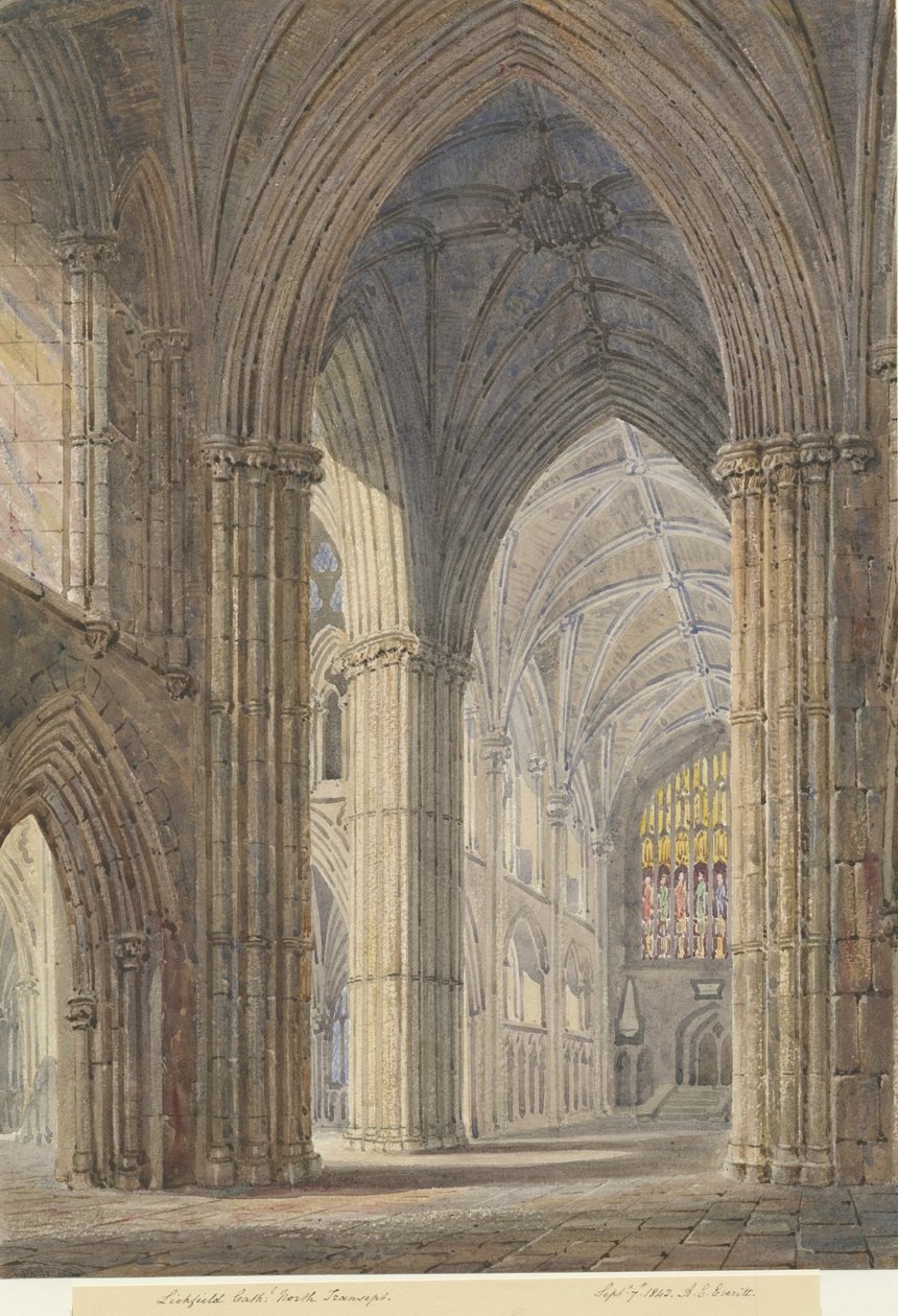 Wnętrze katedry w Lichfield - transept północny: malowanie akwarelą, 7 września 1842 r. autorstwa Allen Edward Everitt
