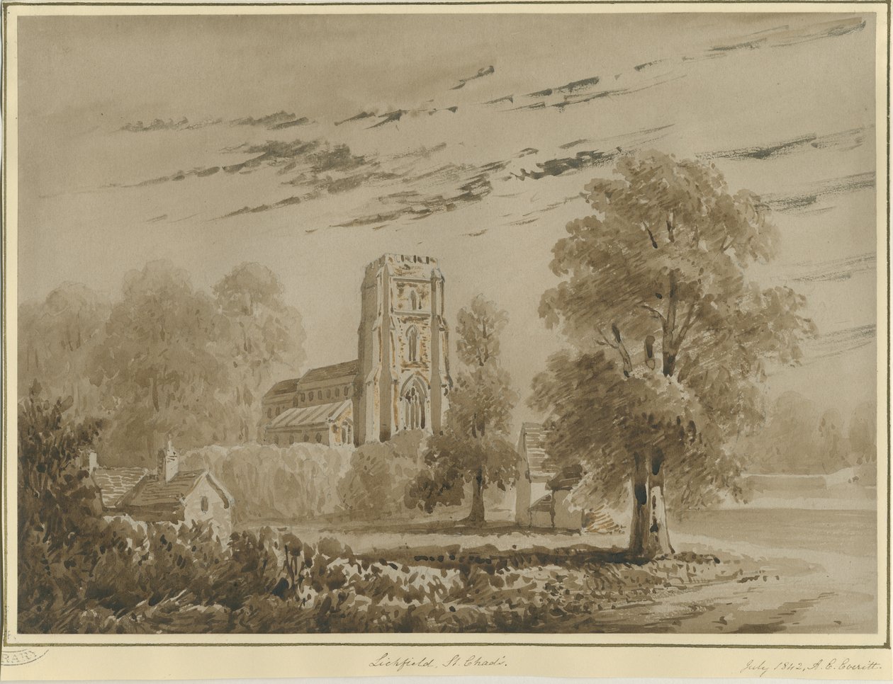 Lichfield - Kościół św. Czadu: rysunek w czerwonej sepii, lipiec 1842 (rysunek) autorstwa Allen Edward Everitt
