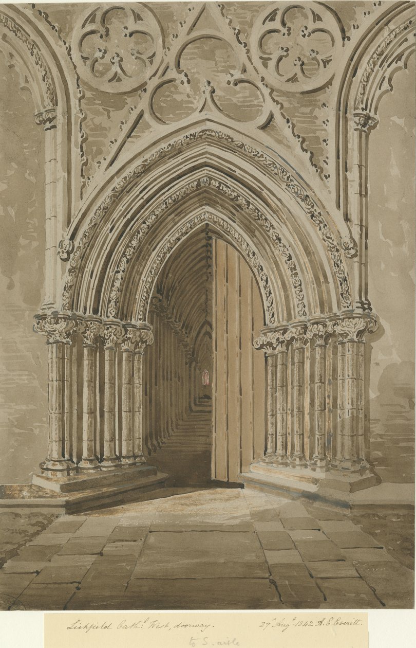 Katedra w Lichfield - West Doorway: czerwono-brązowy rysunek w sepii, 27 sierpnia 1842 autorstwa Allen Edward Everitt