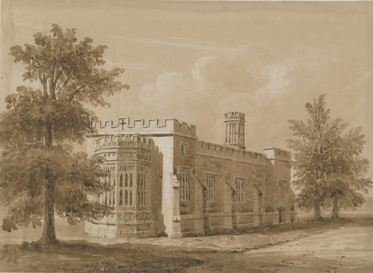 Tixall – Kaplica w Tixall Hall: rysunek rozmyty w czerwonej sepii, nd [lipiec 1842] autorstwa Allen Edward Everitt