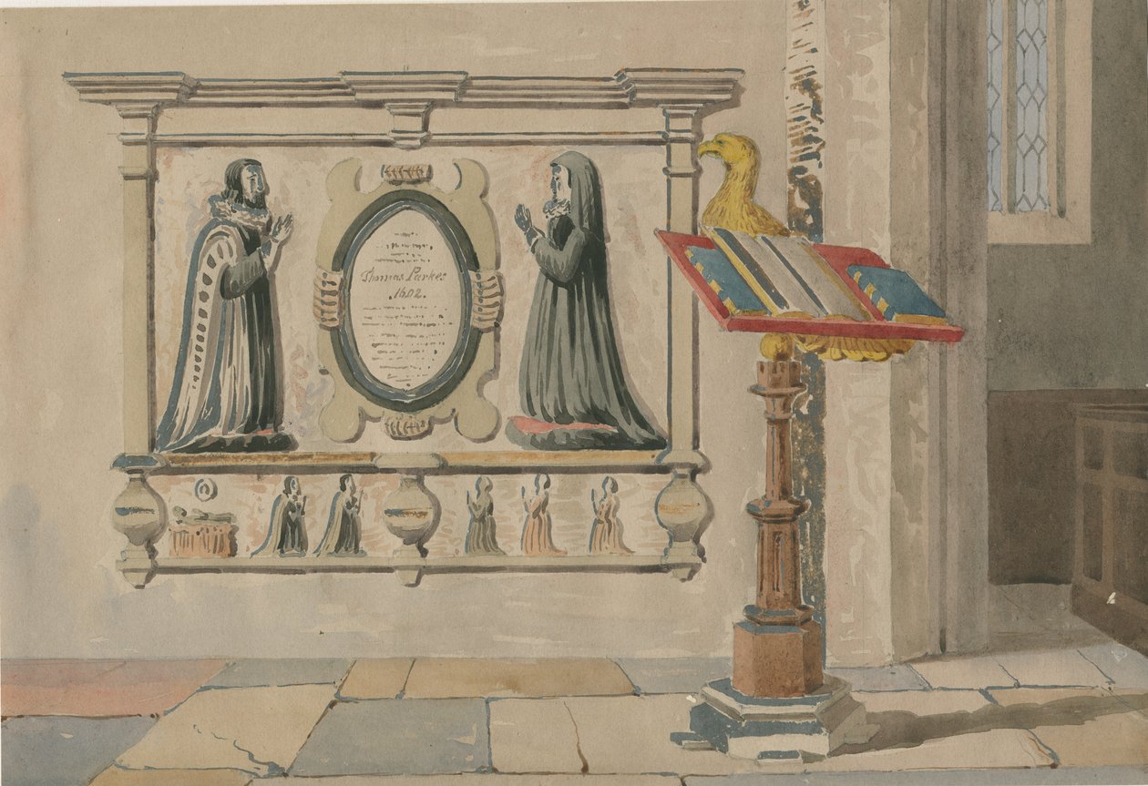 Kościół Wednesbury – Pomnik Tomasza i Eleanor Parkes: malowanie akwarelami, 23 marca 1843 autorstwa Allen Edward Everitt