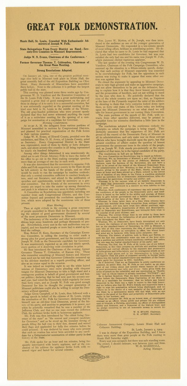 Impreza oblegana była przez Entuzjastycznych Wielbicieli Josepha W. Folk autorstwa Allied Printing