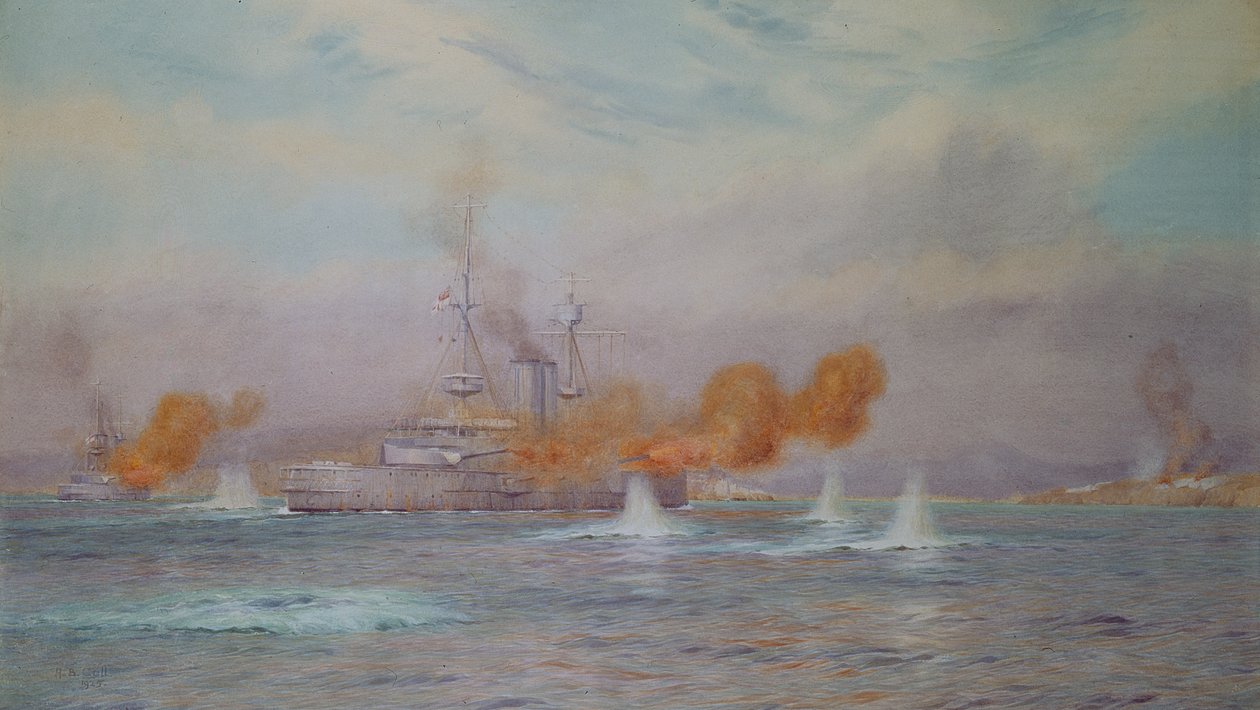 H.M.S. Albion dowodzony przez kpt. A. Walkera-Heneage, kończący niszczenie zewnętrznych fortów Dardaneli w latach 1915, 1925 autorstwa Alma Claude Burlton Cull