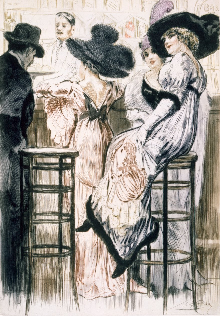 W barze, z Paris: Moeurs, Costumes et Attitudes 1912-13, t. 1: Les Bars”, wydana 1914 (kolor lito) autorstwa Almery Lobel Riche