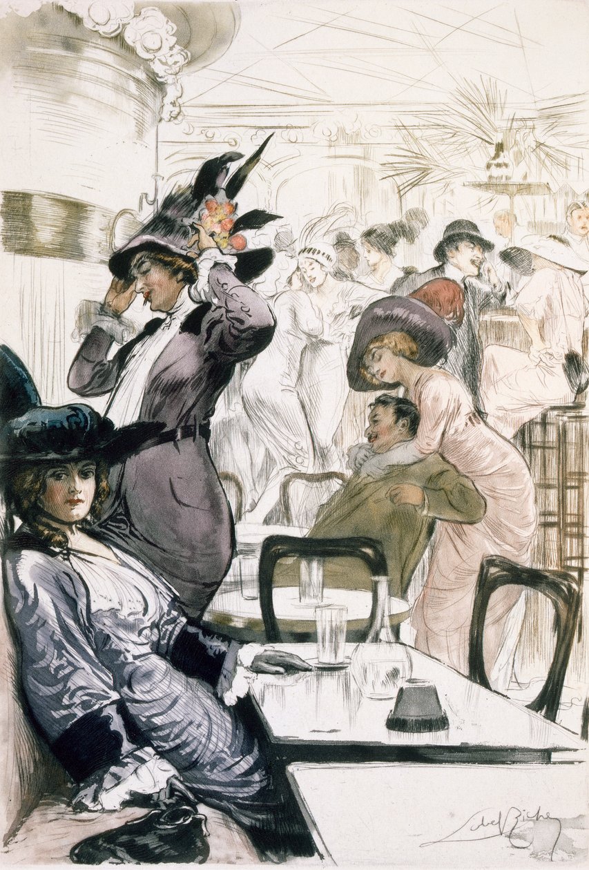 Cafe Society, z „Paryż: Moeurs, kostiumy i postawy 1912-13, t. 1: Les Bars”, wydana 1914 (kolor lito) autorstwa Almery Lobel Riche