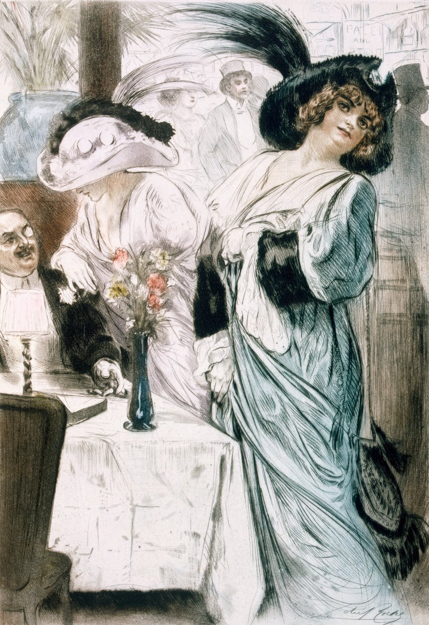 Modne kobiety, z Paris: Moeurs, Costumes et Attitudes 1912-13, t. 1: Les Bars”, wydana 1914 (kolor lito) autorstwa Almery Lobel Riche