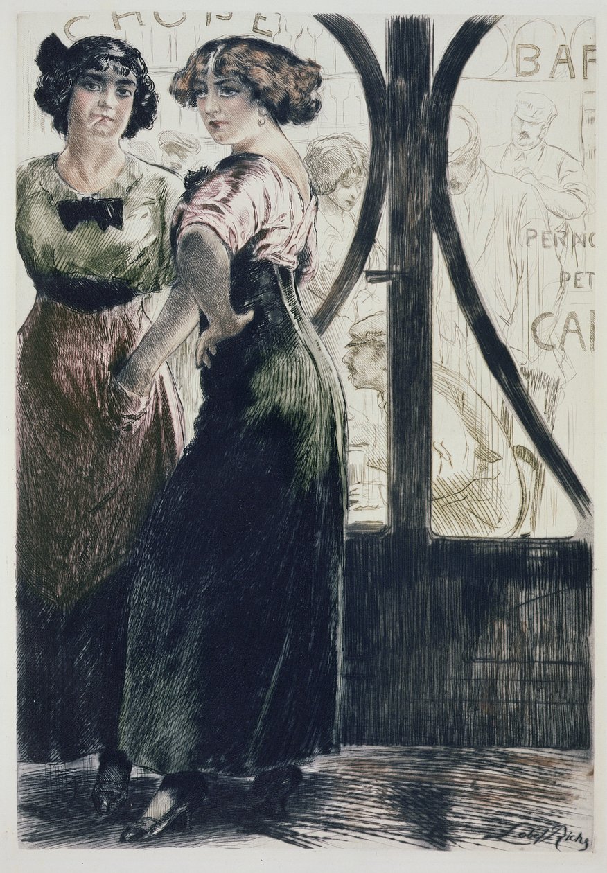Street Girls, z Paris: Moeurs, Costumes et Attitudes 1912-13, t. 1: Les Bars”, wydana 1914 (kolor lito) autorstwa Almery Lobel Riche