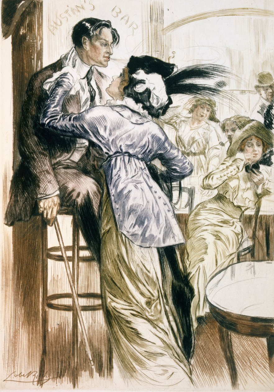 Kochankowie, z Paris: Moeurs, Costumes et Attitudes 1912-13, t. 1: Les Bars”, wydana 1914 (kolor lito) autorstwa Almery Lobel Riche