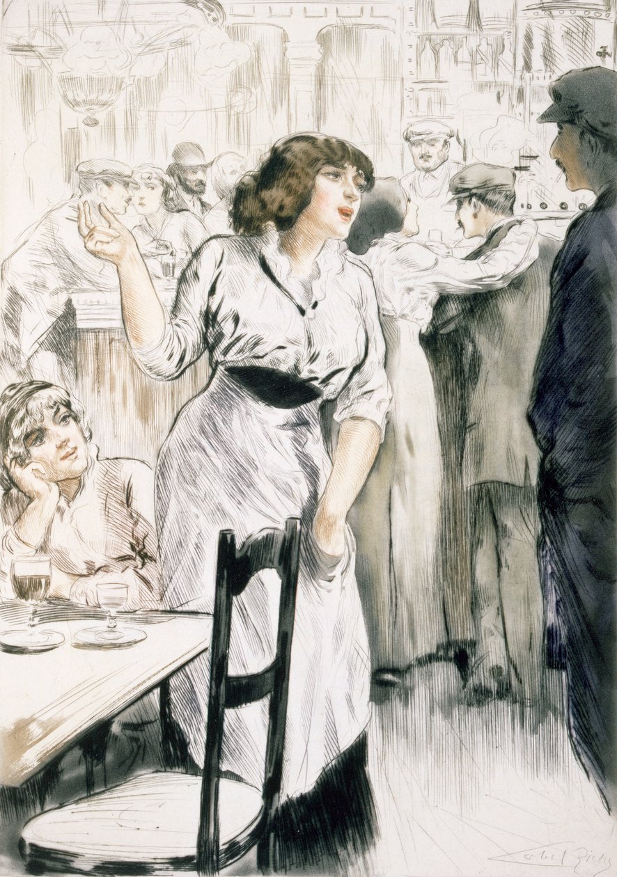 Kelnerka z Paris: Moeurs, Costumes et Attitudes 1912-13, t. 1: Les Bars”, wydana 1914 (kolor lito) autorstwa Almery Lobel Riche