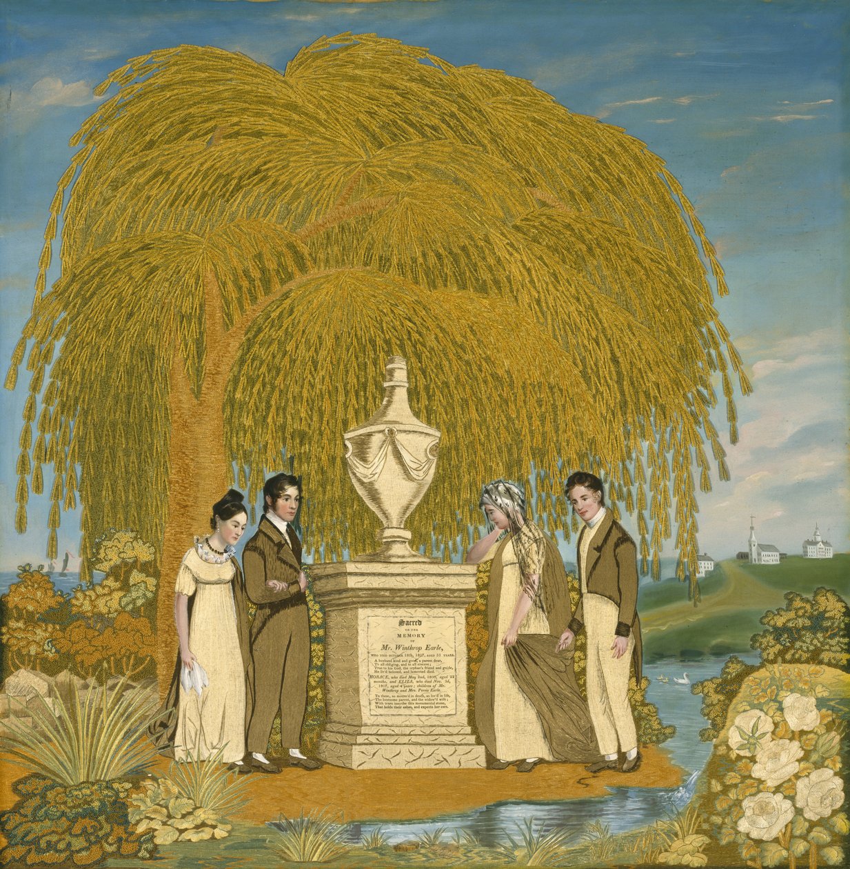 Obraz pamiątkowy haftowany, ok. 1815-1820 (tafta jedwabna, nici jedwabne i jedwabne szenilowe, akwarele) autorstwa Almira attr.to Earle