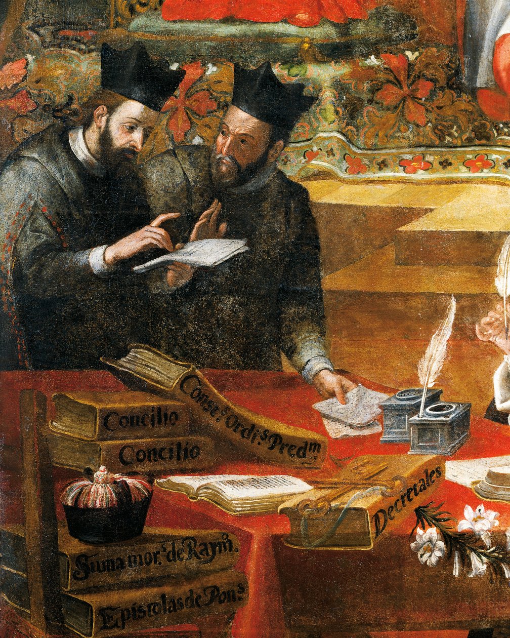 Rozmowa między dwoma jezuitami, fragment św. Rajmunda z Penafort, doradcy papieża Grzegorza IX, autorstwa Alonso Antonio Villamora (1661-1729). Z klasztoru św. Stevena w Salamance w Hiszpanii. autorstwa Alonso Antonio Villamor