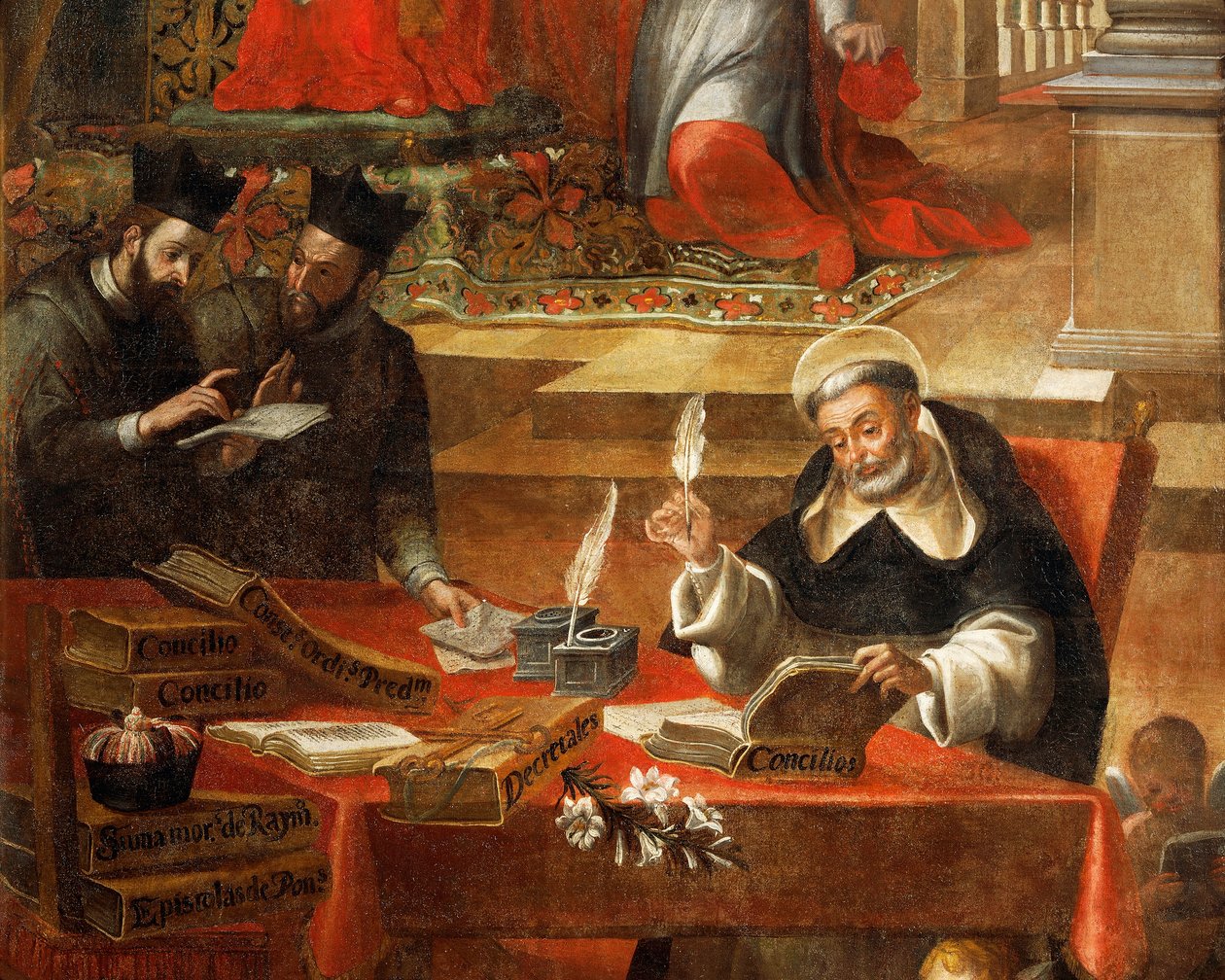 Dwóch jezuitów rozmawiających, gdy św. Rajmond pisze sobór, szczegół od św. Rajmunda z Penafort, doradcy papieża Grzegorza IX, autorstwa Alonso Antonio Villamora (1661-1729). Z klasztoru św. Estebana w Salamance w Hiszpanii. autorstwa Alonso Antonio Villamor