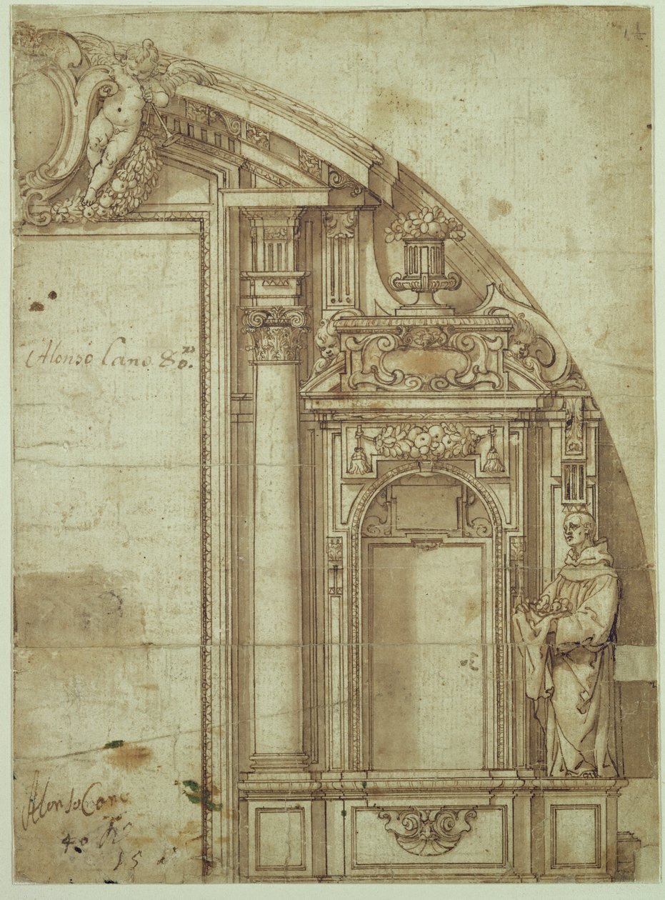 Studium architektoniczne (pióro i tusz i pranie na papierze) autorstwa Alonso Cano