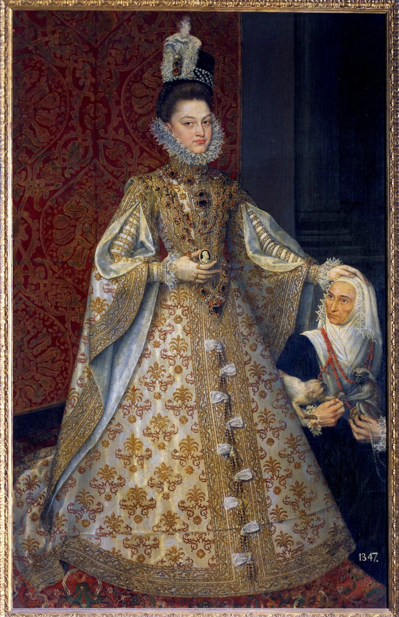 Portret u stóp Infante Hiszpanii Isabelle Clara Eugenie z Habsburga, władcy Holandii i Magdaleny Ruiz Obraz Alonso Sanchez Coello (1531-1588) Ndz. 1,29 x 2,07 m. 1585. Madryt. Musee du Prado - Pełnowymiarowy portret Niemowlęcia autorstwa Alonso Sánchez Coello