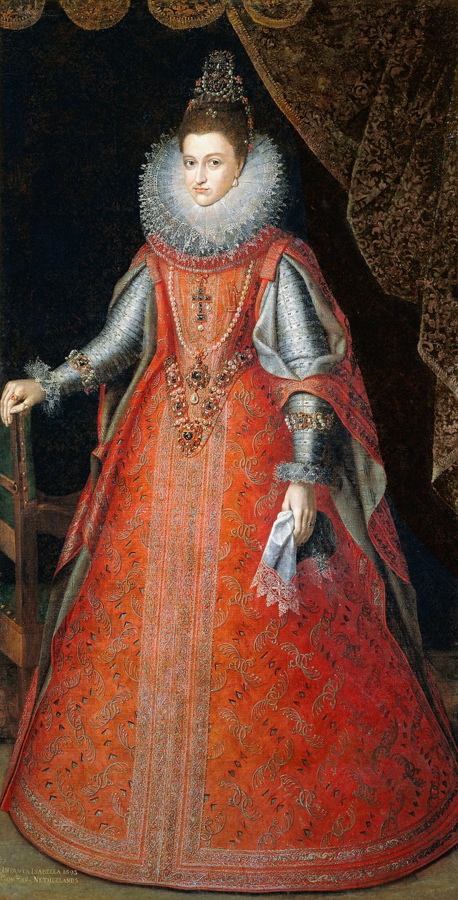 Portret infantki Izabeli Eugenii, stojącej pełnometrażowo w brokatowej sukience, 1593 autorstwa Alonso Sánchez Coello