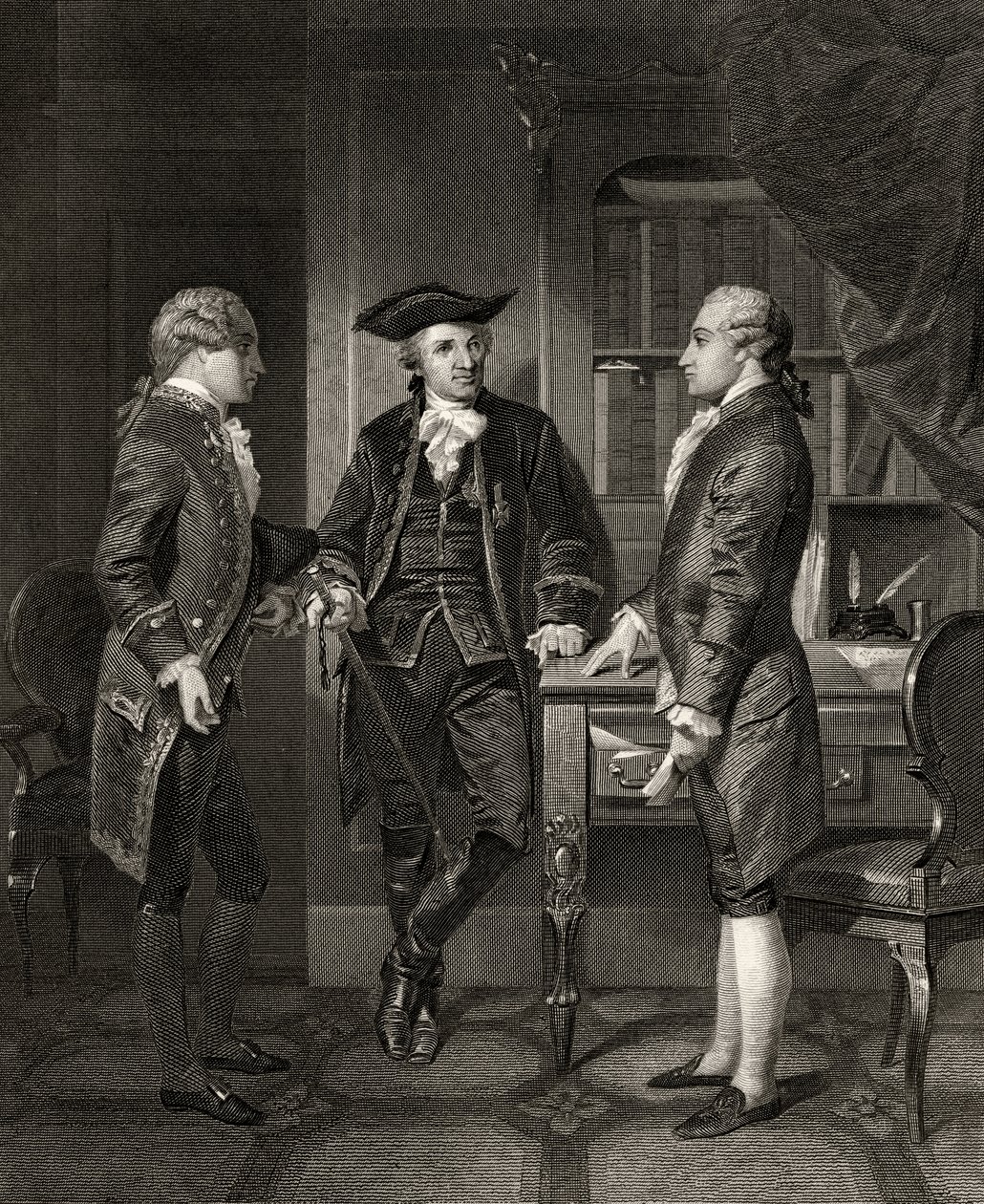 Baron de Kalb (w środku) przedstawia Lafayette