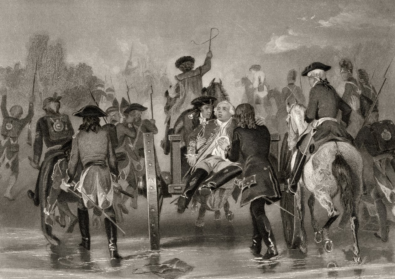 Śmiertelnie ranny generał Edward Braddock wycofuje się z rzeki Monongahela w 1755 po ataku sił francuskich i indyjskich, z „Life and Times of Washington”, tom I, opublikowany 1857 (lit. autorstwa Alonzo Chappel
