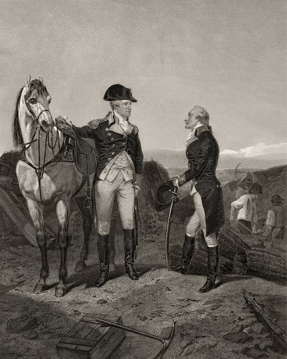 Pierwsze spotkanie Jerzego Waszyngtona i Aleksandra Hamiltona, z "Life and Times of Washington", tom I, opublikowane w 1857 r. autorstwa Alonzo Chappel