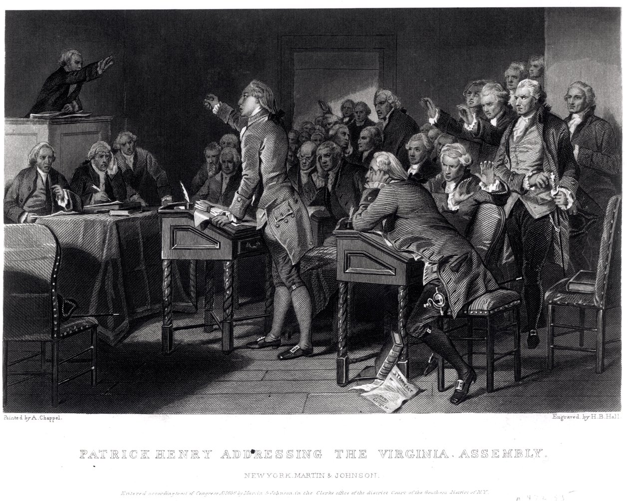 Patrick Henry przemawiający do zgromadzenia w Wirginii, marzec 1775 r. Wyryty przez Henry