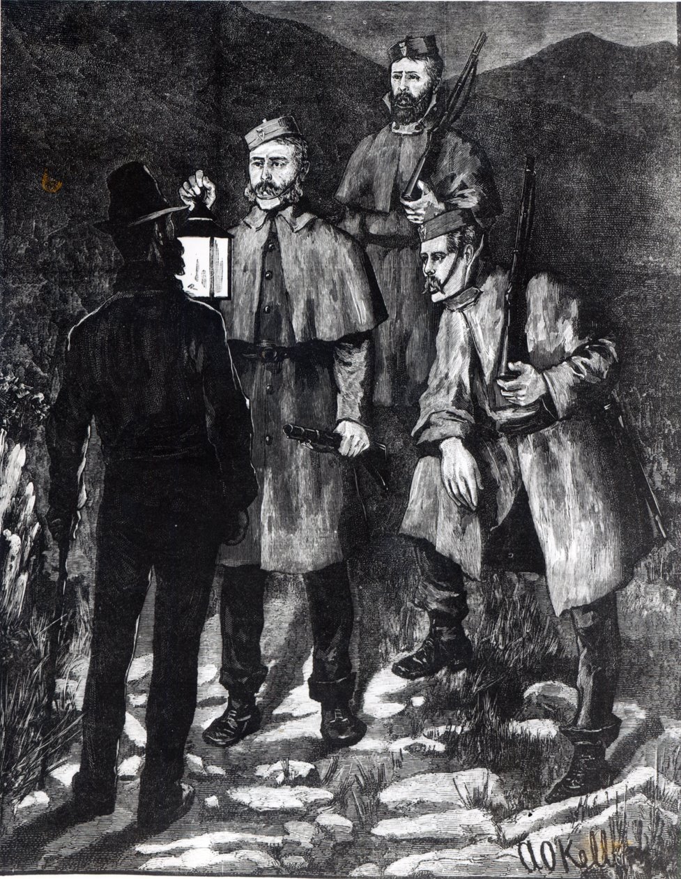 Stan Irlandii: Patrol policji rzuca wyzwanie podejrzanemu, z "The Illustrated London News", ok. 1880 r. autorstwa Aloysius C. O