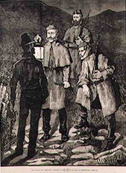 The State of Ireland: Police Patrol rzuca wyzwanie podejrzanej osobie, z The Illustrated London News, 8 czerwca 1881 autorstwa Aloysius C. OKelly
