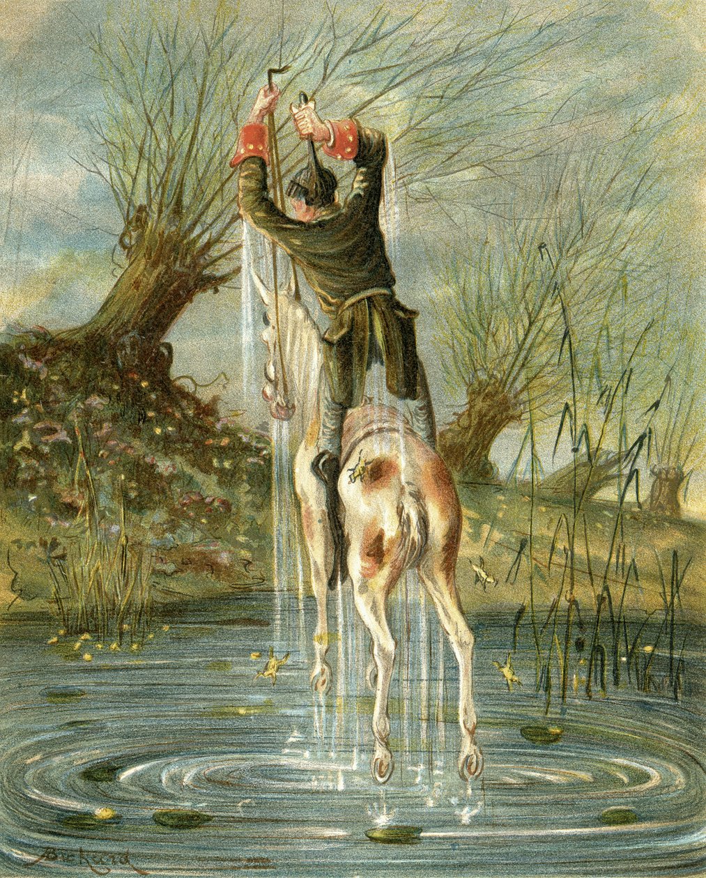 Niezwykły skok barona Munchausena z „Przygód barona Munchausena” Rudolfa Ericha Raspe (1736-94) opublikowany ok. 1886 r. autorstwa Alphonse Adolphe Bichard