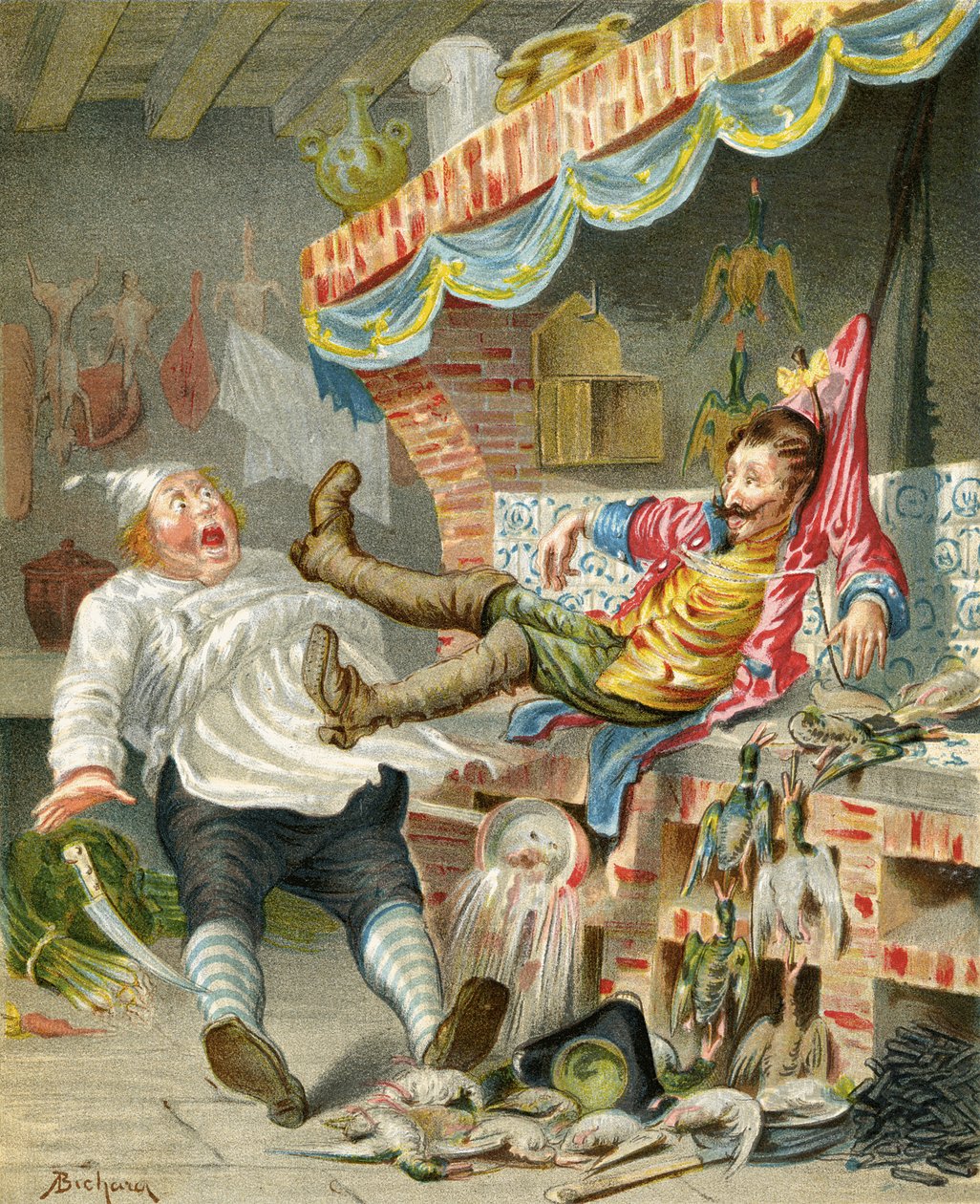 Lot z kaczkami w dół komina, z „Przygód barona Munchausena” Rudolfa Ericha Raspe (1736-94) wydana ok. 1886 r. autorstwa Alphonse Adolphe Bichard