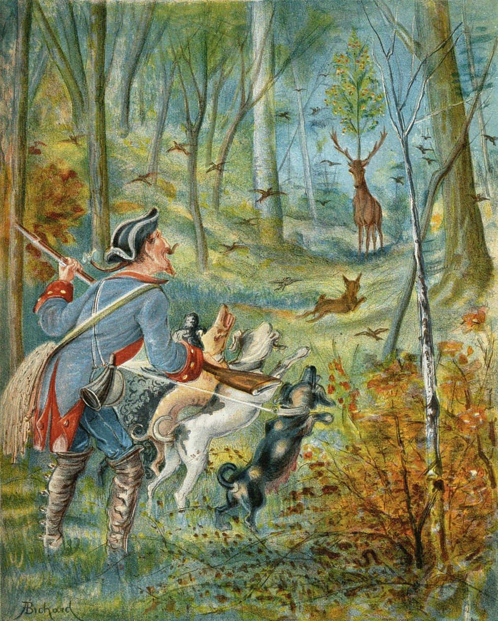 Efekty zastrzelenia jelenia z pestkami wiśni z „Przygód barona Munchausena” Rudolfa Ericha Raspe (1736-94) wydana ok. 1886 r. autorstwa Alphonse Adolphe Bichard