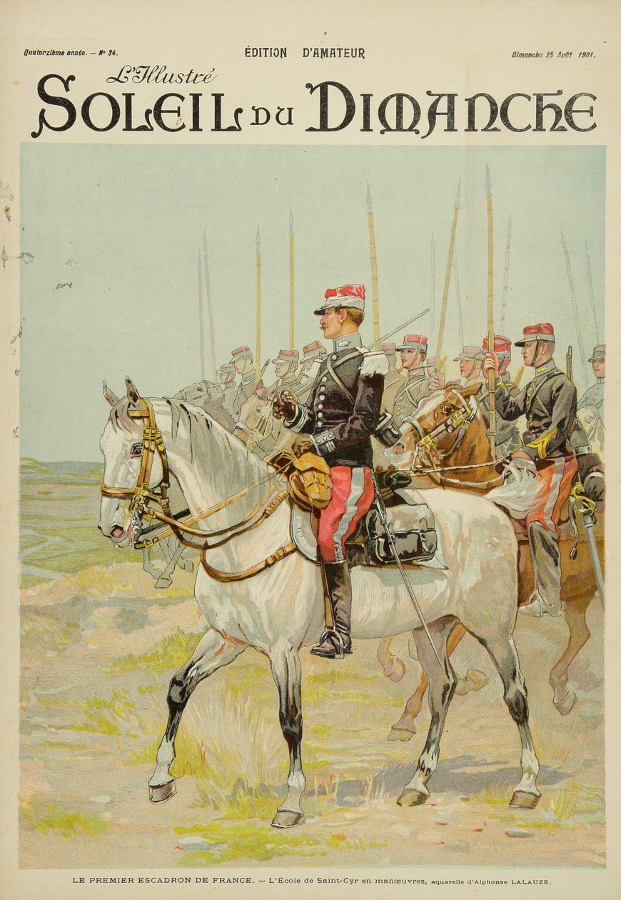 Pierwsza eskadra Francji, manewry szkoły Saint-Cyr, ilustracja z okładki „Soleil du Dimanche” 25 sierpnia 1901 autorstwa Alphonse Lalauze