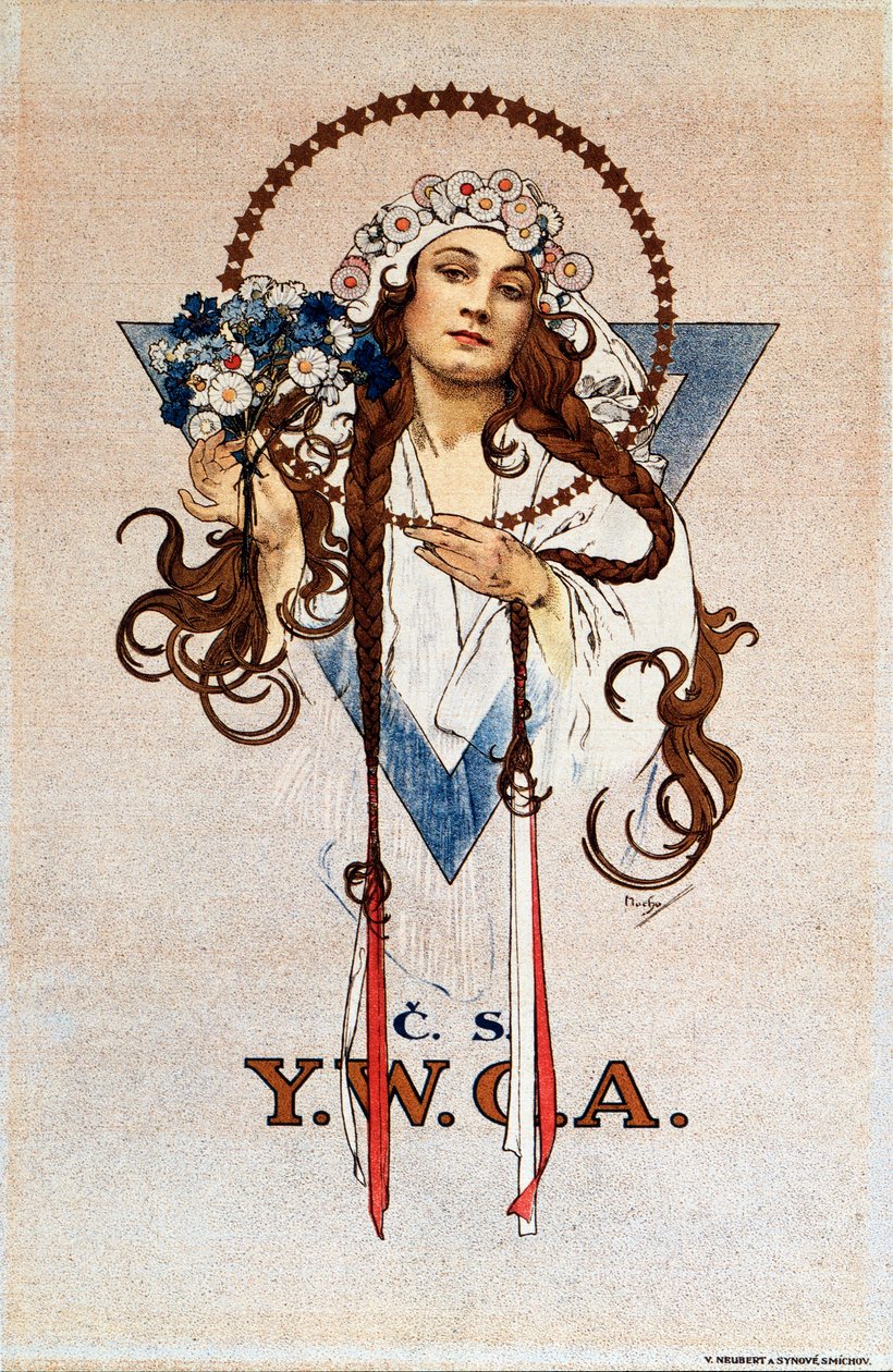 Czechosłowacki plakat YWCA dla Chrześcijańskiego Stowarzyszenia Młodych Kobiet YWCA w Czechosłowacji Litografia Alfonsa Muchy (1860-1939) 1922 Wym. 54x82 cm Kolekcja prywatna autorstwa Alphonse Mucha