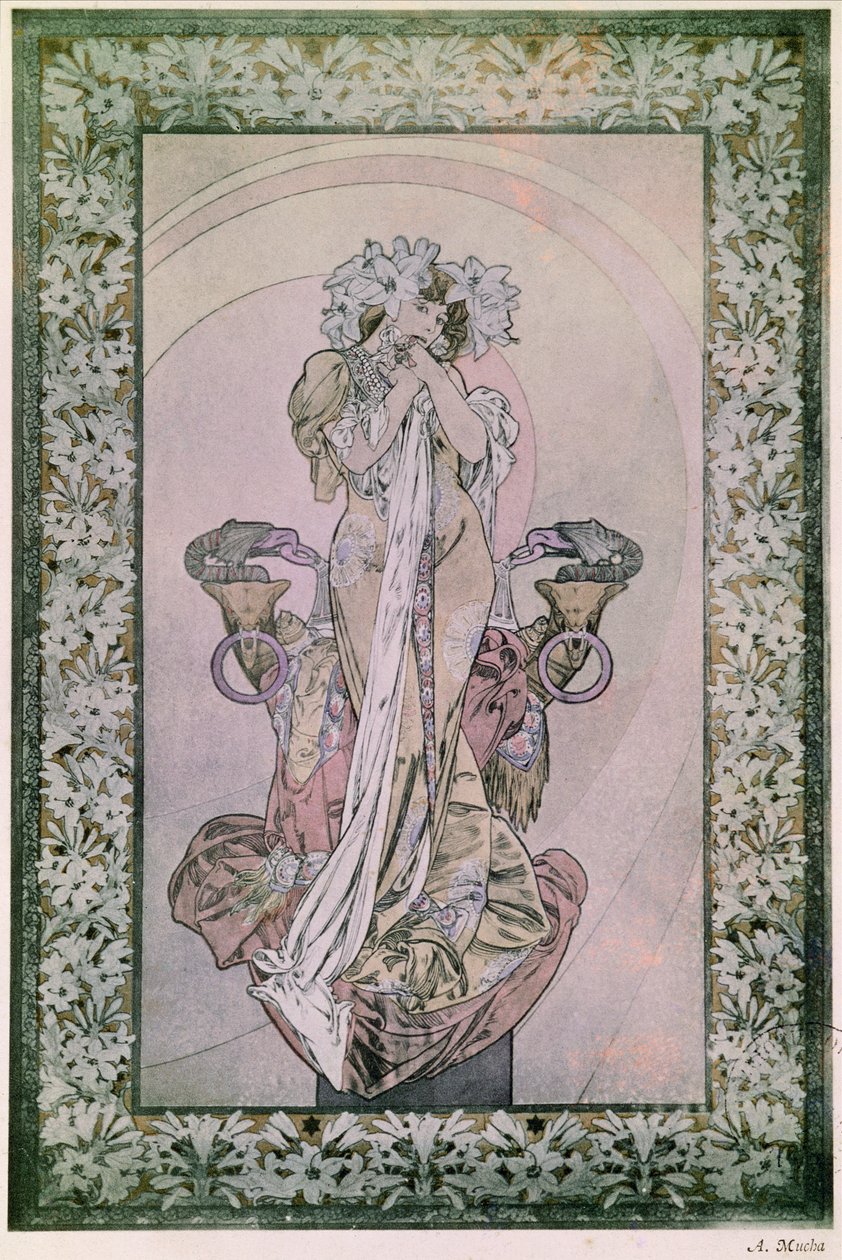 Panel dekoracyjny do La Princesse Lointaine Edmonda Rostanda z Sarah Bernhardt (1844-1923), 1890-1910 (litografia) autorstwa Alphonse Mucha