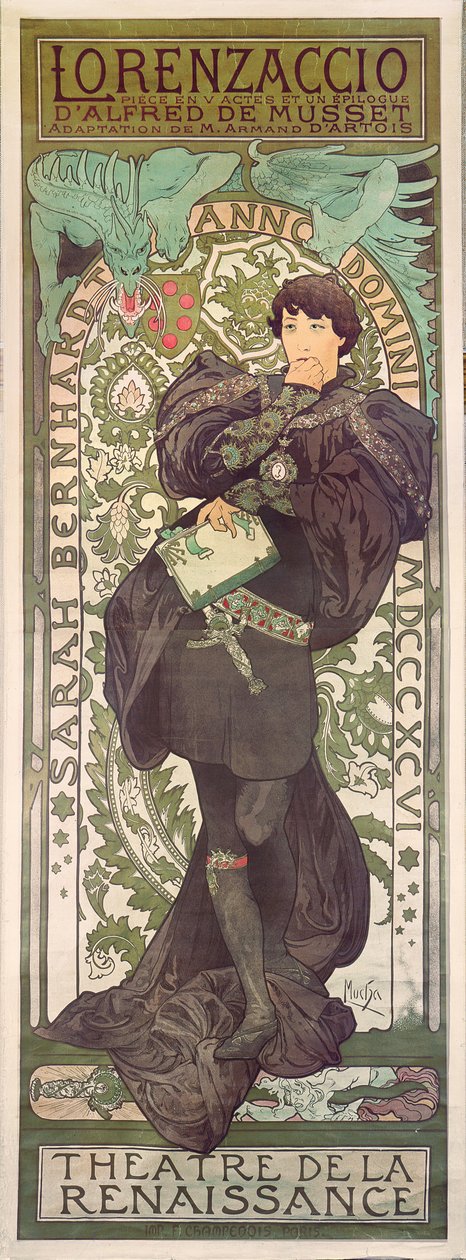 Lorenzaccio z Sarah Bernhardt na przedstawieniu "Renesans" w Théâtre de la Renaissance (plakat), 1896 (litografia) autorstwa Alphonse Mucha