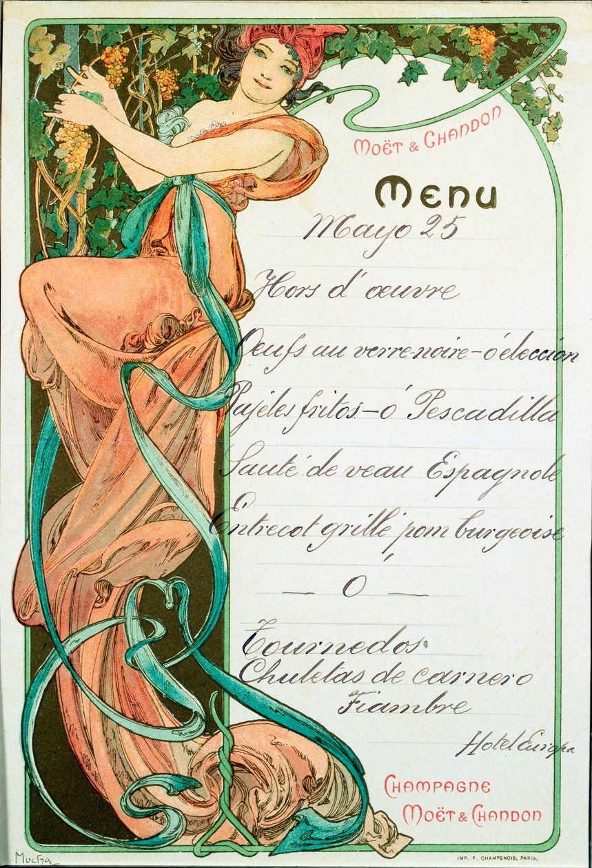Menu wydrukowane przez Champagne Moet i Chandon na francuski specjał. Ilustracja Alphonse Mucha (1860-1939) wym. 22x15 cm Mediolan, kolekcja prywatna autorstwa Alphonse Mucha