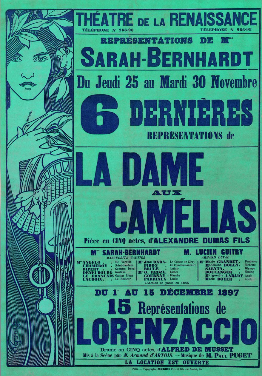 Plakat reklamujący La Dame aux Camelias Aleksandra Dumasa i Lorenzaccio Alfreda de Musset z udziałem Sarah Bernhardt, Theatre du Renaissance, Paryż, 1897 autorstwa Alphonse Mucha