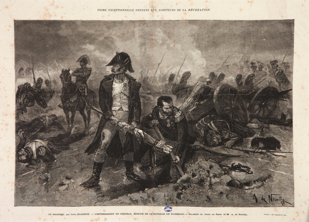 Pogrzeb flagi, epizod bitwy pod Waterloo, rytowany przez Julesa Claretie, 1879 autorstwa Alphonse Marie de Neuville