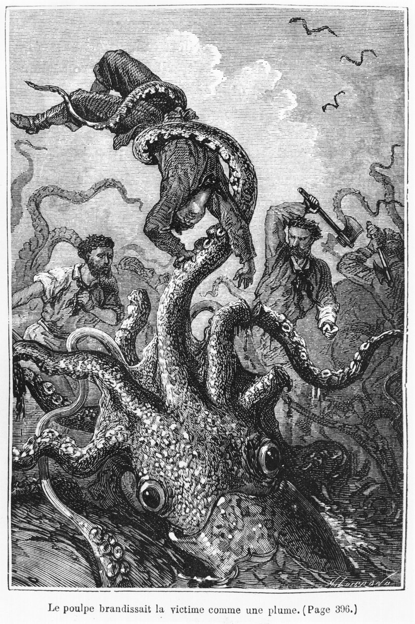 Ośmiornica atakująca Nautilus, ilustracja z „2 000 mil podmorskiej żeglugi” autorstwa Julesa Verne