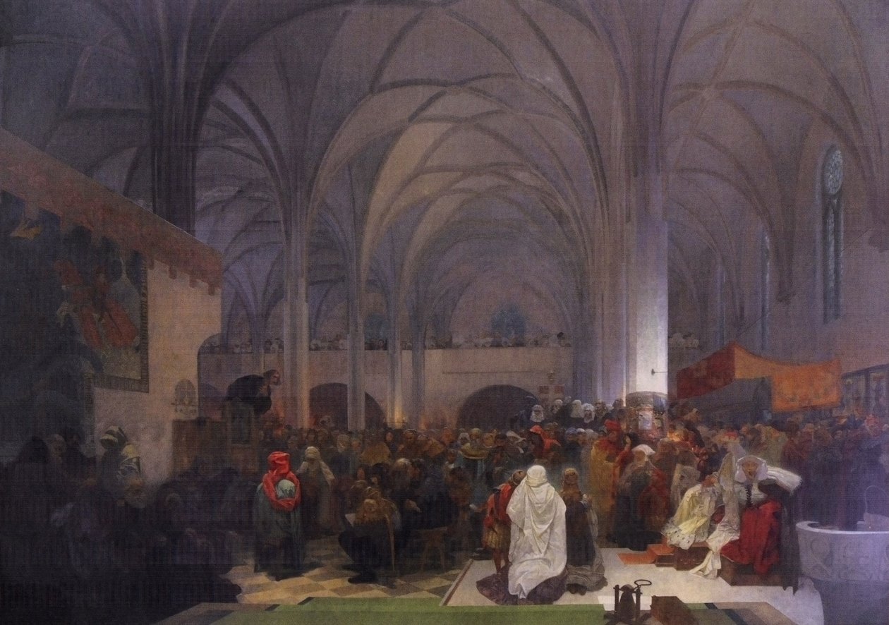 Kazani Mistra Jana Husa v kapli Betlemske: Pravda vitezinAngielski: Mistrz Jan Hus Głoszenie w kaplicy betlejemskiej: Prawda przeważa autorstwa Alphonse Mucha