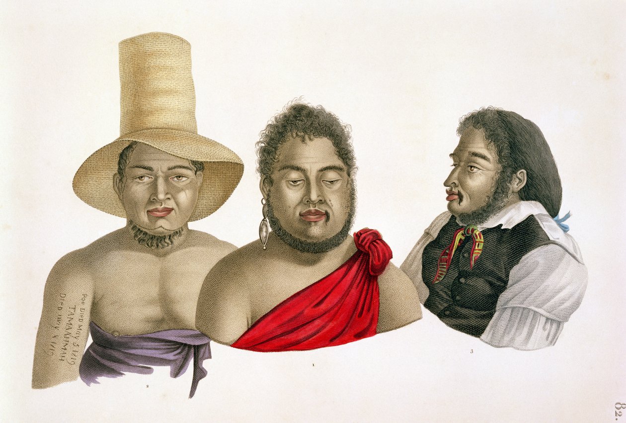 Portrety wodzów Wysp Sandwich, z "Voyage autour du Monde (1817-20)", autorstwa Louis Claude Desaulses de Freycinet (1779-1842), rytowane przez A. Migneret, opublikowane 1822-24 autorstwa Alphonse Pellion