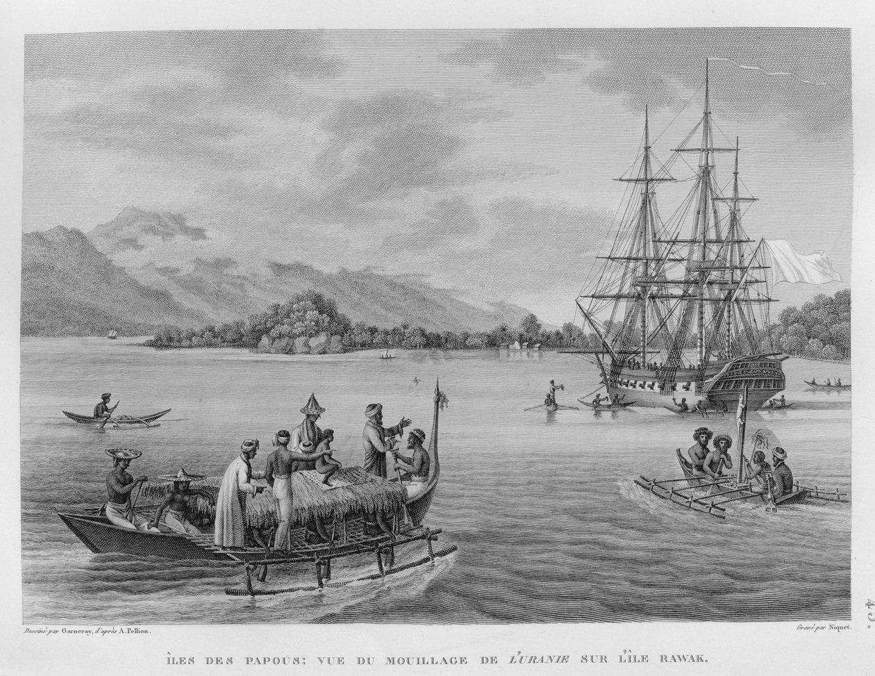 Wyspy Papuskie: Widok na „Uranie” zacumowane przy wyspie Rawak, z „Voyage Autour du Monde sur les Corvettes de L