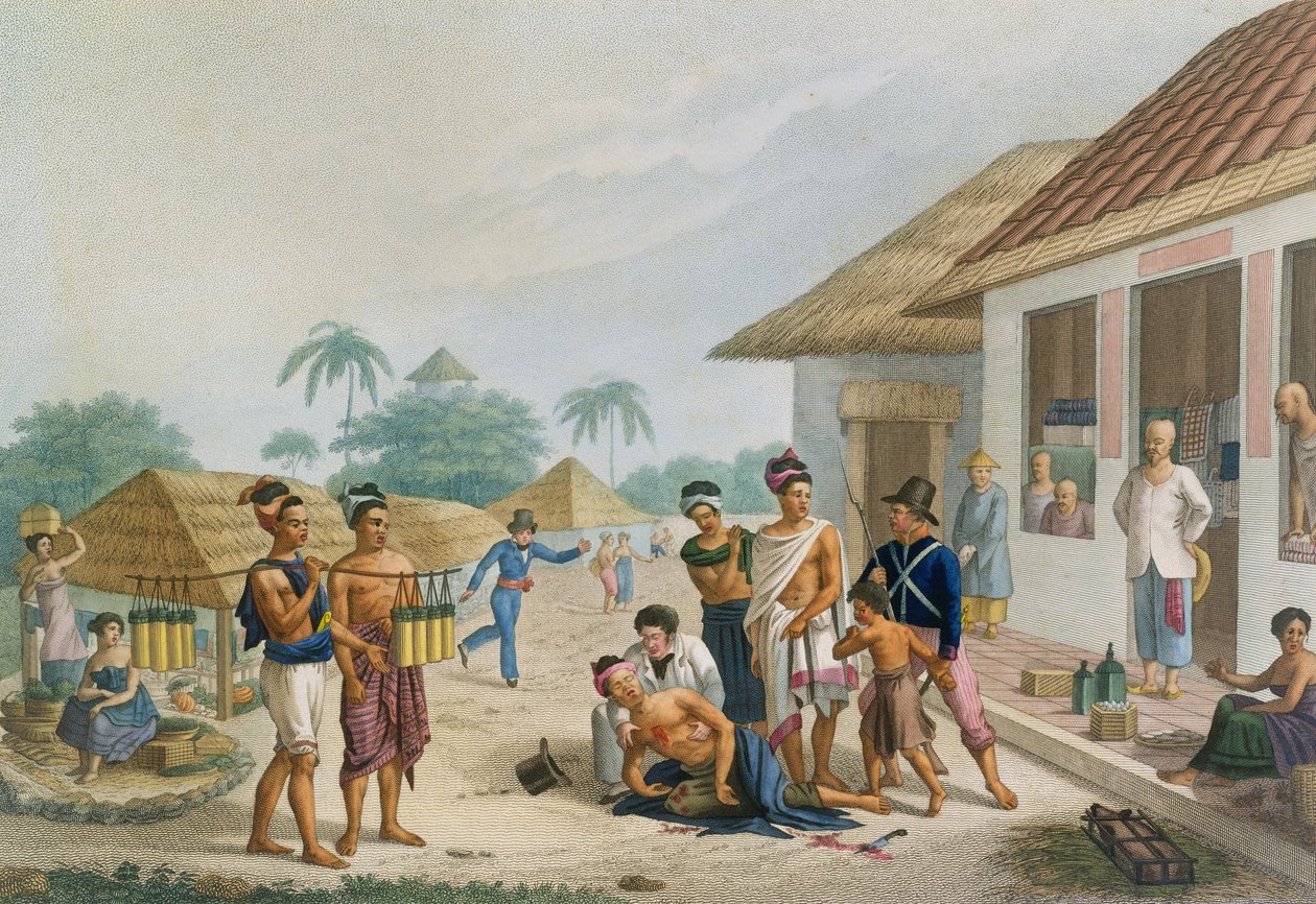 Widok bazaru w Coupang, Timor, z „Voyage Autour du Monde sur les Corvettes de L