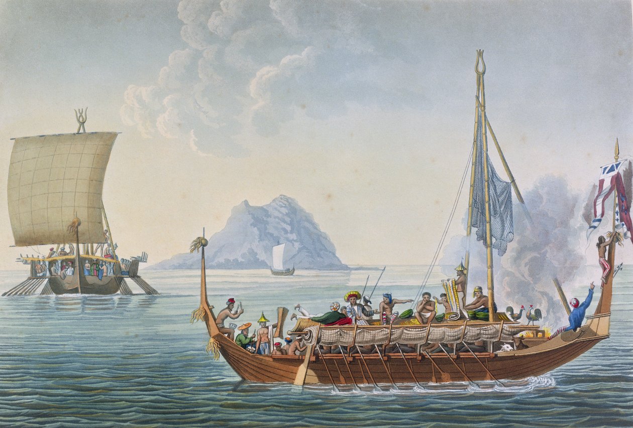 Widok Corocores wyspy Guebe, z wyspy Pisang, z „Voyage Autour du Monde sur les Corvettes de L