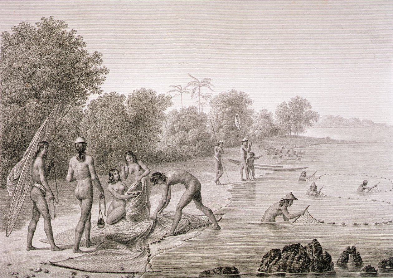 Tradycyjne metody połowu stosowane przez tubylców z Wysp Mariannas, z „Voyage Autour du Monde (1817-20)”, Louis Claude Desaulses de Freycinet (1779-1842) rytowane przez Bovinet, opublikowane w latach 1822-24 (lito) autorstwa Alphonse (after) Pellion