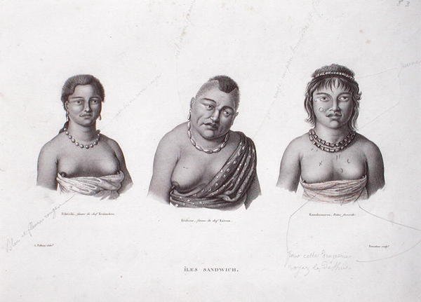 Żony wodzów hawajskich z Wysp Sandwich, c.1824 (grawerowanie) autorstwa Alphonse (after) Pellion