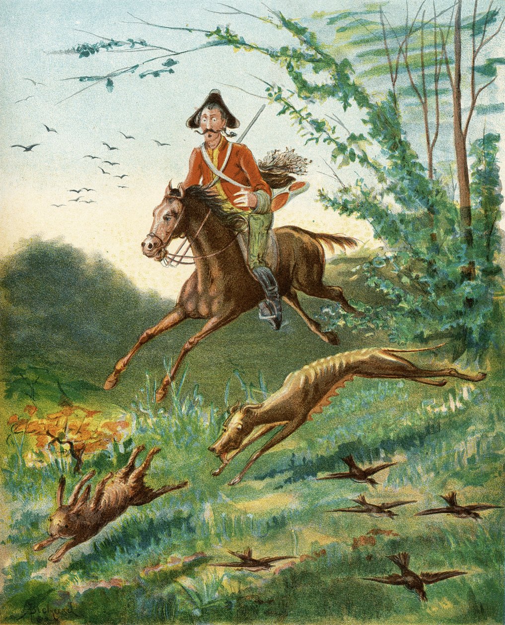 Anegdota o ośmionożnym zającu z „Przygód barona Munchausena” Rudolfa Ericha Raspe (1736-94) wydana ok. 1886 r. (kolor lito) autorstwa Alphonse Adolphe Bichard