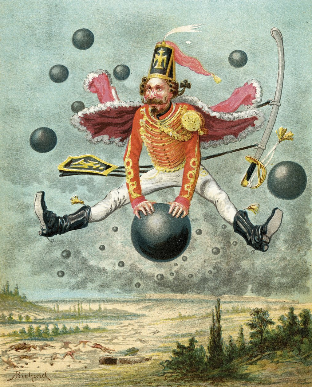 Baron Munchausen jadący na kuli armatniej podczas walki z Tippoo, z „Przygód barona Munchausena” Rudolfa Ericha Raspe (1736-94) wydana ok. 1886 (kolor lito) autorstwa Alphonse Adolphe Bichard