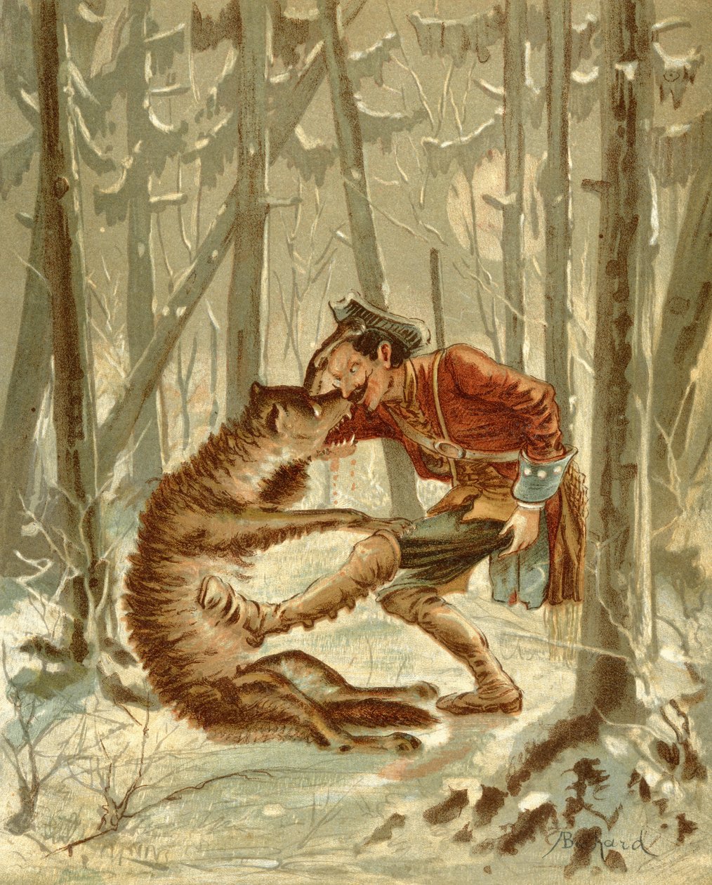 Spotkanie barona Munchausena z wilkiem z „Przygód barona Munchausena” Rudolfa Ericha Raspe (1736-94) wydane ok. 1886 r. (kolor lito) autorstwa Alphonse Adolphe Bichard