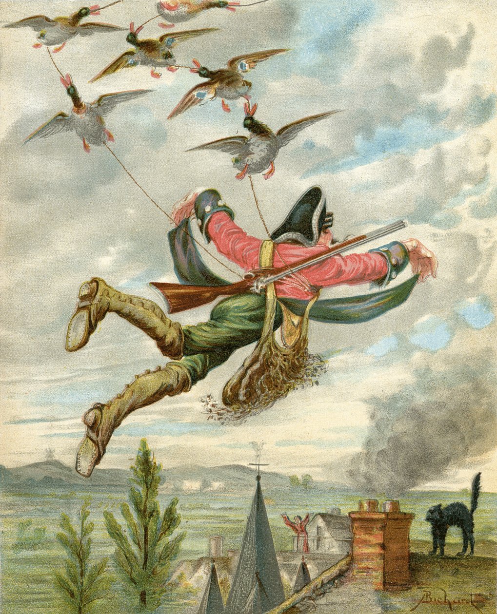 Podniesione z ziemi przez kaczki, z „Przygód barona Munchausena” Rudolfa Ericha Raspe (1736-94) wydanej ok. 1886 (kolor lito) autorstwa Alphonse Adolphe Bichard