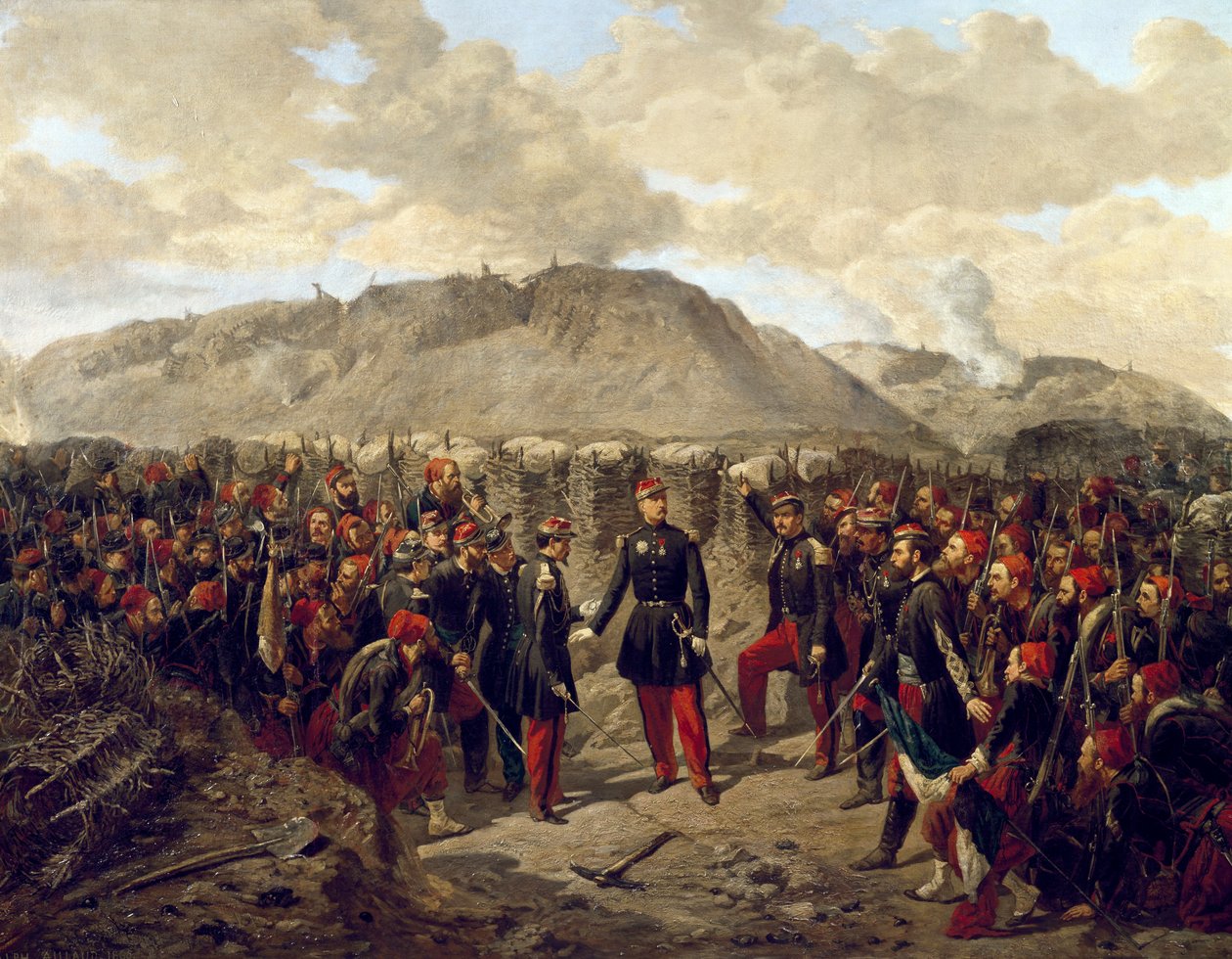 Wojna krymska (1853-1856): Marszałek Patrice MacMahon z żuawami w Malakoff autorstwa Alphonse Antoine Aillaud