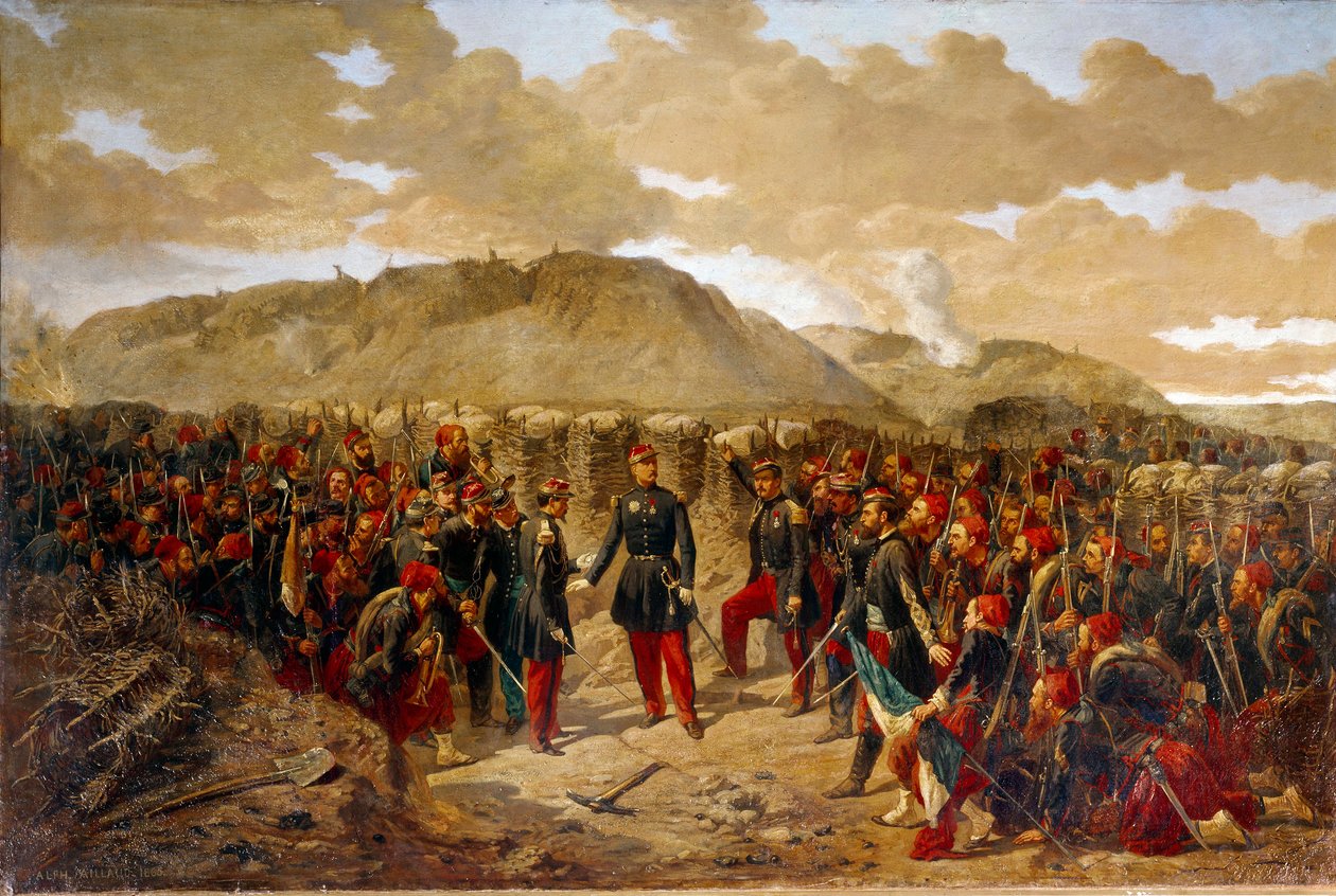 Wojna krymska (1853-1856): „” Mac-Mahon i pierwsi żuawowie do Malakoffa, 8.09.1855”” Generał Mac Mahon (1808-1898) przekazał ostatnie instrukcje pierwszym żuawom pułkownika Collineau przed schwytaniem Reduta Malakoffa. Obraz Alphonse