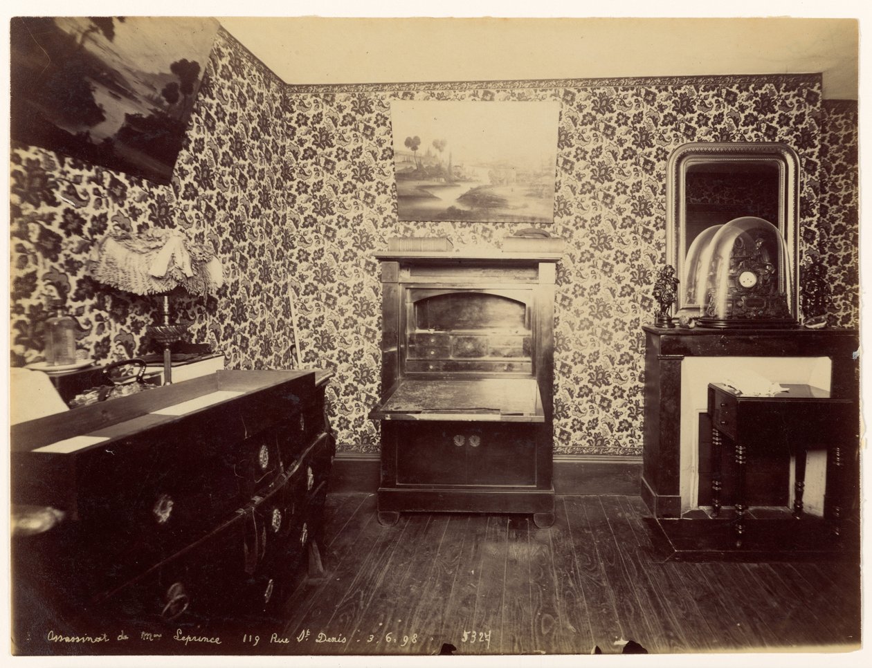Zabójstwo Lady Leprince ... Widok na sypialnię autorstwa Alphonse Bertillon